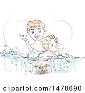 Clipart Of A Sketched Dad Teaching His Son How To Swim Royalty Free Vector Illustration