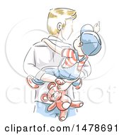 Clipart Of A Sketched Dad Carrying His Son And Teddy Bear On His Back Royalty Free Vector Illustration