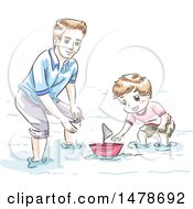 Poster, Art Print Of Sketched Dad And Son Playing With A Boat