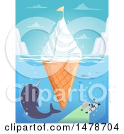 Poster, Art Print Of Floating Ice Cream Cone Iceburg With A Narwhal And Diver