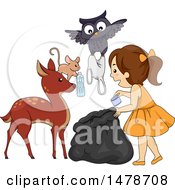 Poster, Art Print Of Group Of Forest Animals Helping A Girl Pick Up Garbage