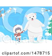 Girl Eskimo Holding Hands And Walking With A Polar Bear