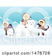 Poster, Art Print Of Group Of Arctic Kids With A Penguin Polar Bear And Husky Dog