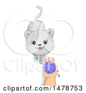 Poster, Art Print Of Cat Looking Up To A Hand Holding Yarn