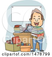 Poster, Art Print Of Happy Man Holding A Stack At A Book Sale