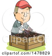 Poster, Art Print Of Happy Male Gardener Putting Earthworms In A Vermicompost Bin
