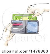 Sketched Hand Taking Or Inserting Cash Money In A Wallet
