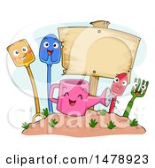 Poster, Art Print Of Group Of Shovel Watering Can Garden Fork Trowel Spade Mascots By A Blank Sign