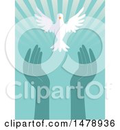 Poster, Art Print Of White Peace Dove Flying Over Hands And Rays