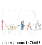 Poster, Art Print Of Row Of Pencil Protractor Ruler Compass And Triangular Ruler Mascots Holding Hands