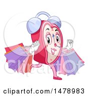 Poster, Art Print Of Feminine Heart Alarm Clock Mascot Running With Shopping Bags