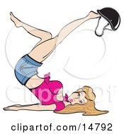 Sexy Woman With Dirty Blond Hair Lying On Her Back And Kicking Her Legs Up While Playing With A Helmet On Her Feet Clipart Illustration by Andy Nortnik