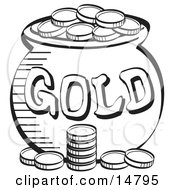 Stack Of Coins Near A Pot Of Leprechauns Gold Black And White Clipart Illustration
