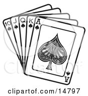 Hand Of Cards Showing A 10 Jack Queen King And Ace Of Spades