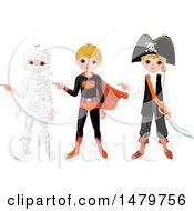 Poster, Art Print Of Boy Pointing In Halloween Mummy Super Hero And Pirate Costumes