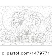 Clipart Of A Black And White Wooden Cottage In The Snow Royalty Free Vector Illustration