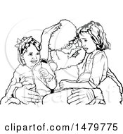 Clipart Of A Black And White Santa With Girls On His Lap Royalty Free Vector Illustration