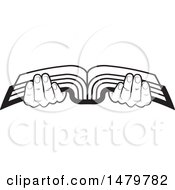 Clipart Of A Pair Of Black And White Hands Holding An Open Book Royalty Free Vector Illustration