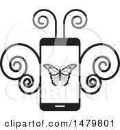 Clipart Of A Black And White Smart Phone With A Butterfly Royalty Free Vector Illustration by Lal Perera