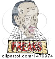 Poster, Art Print Of Sketched Zombie Head With Cobwebs Over A Freak Sign