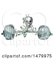 Skull Lifting A Barbell With A Scottish Thistle Vine In Sketched Tattoo Style On A White Background