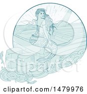 Poster, Art Print Of Sketched Siren Mermaid Sitting On A Boat
