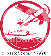 Clipart Of Fixed Wing Aircraft Against Mountains In A Red And White Circle Royalty Free Vector Illustration