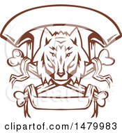 Clipart Of A Browna Nd White Wolf Head Over Cross Bones And Banners Royalty Free Vector Illustration
