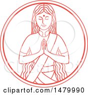 Poster, Art Print Of Indian Woman In A Namaste Pose In Red And White Lineart Style
