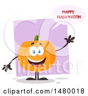 Poster, Art Print Of Happy Pumpkin Character Mascot Waving And Saying Happy Halloween