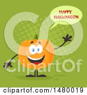 Poster, Art Print Of Happy Pumpkin Character Mascot Waving And Saying Happy Halloween On Green