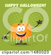 Poster, Art Print Of Happy Pumpkin Character Mascot Waving Under Happy Halloween On Green