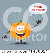 Poster, Art Print Of Happy Pumpkin Character Mascot Waving And Saying Trick Or Treat On Gray