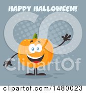 Poster, Art Print Of Happy Pumpkin Character Mascot Waving Under Happy Halloween On Gray