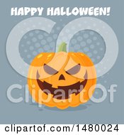 Poster, Art Print Of Grinning Evil Jackolantern Pumpkin With Happy Halloween Text Over Gray Dots