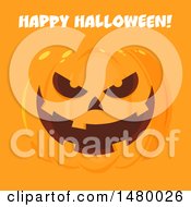 Poster, Art Print Of Grinning Evil Jackolantern Pumpkin With Happy Halloween Text On Orange