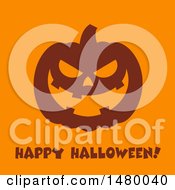 Poster, Art Print Of Silhouetted Grinning Evil Jackolantern Pumpkin With Happy Halloween Text On Orange