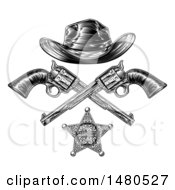 Clipart Of A Cowboy Hat Over Crossed Guns And A Sheriff Badge In Black And White Royalty Free Vector Illustration