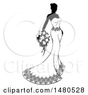 Clipart Of A Silhouetted Black And White Bride With Flowers Royalty Free Vector Illustration