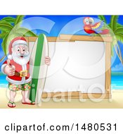 Poster, Art Print Of Happy Santa Surfer On A Tropical Beach By A Blank Sign With A Parrot