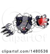 Poster, Art Print Of Vicious Roaring Black Panther Mascot Shredding Through A Wall With A Cricket Ball