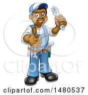 Poster, Art Print Of Cartoon Full Length Black Male Plumber Holding An Adjustable Wrench And Giving A Thumb Up