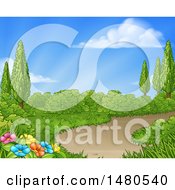 Clipart Of A Country Garden With A Path On A Beautiful Spring Day Royalty Free Vector Illustration