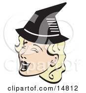 Pretty Blond Woman Singing And Wearing A Pointy Black Witch Hat On Halloween