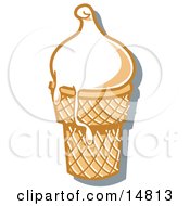 Vanilla Ice Cream In A Cone Melting Over The Rim