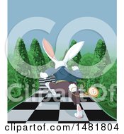 Poster, Art Print Of Rear View Of A Late White Rabbit Of Wonderland Running Down A Checkered Garden Path
