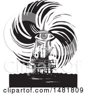 Poster, Art Print Of Human Eye In A Hurricane Over An Oil Rig Black And White Woodcut Style