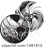 Human Eye In A Hurricane Facing Planet Earth Black And White Woodcut Style