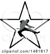 Poster, Art Print Of Black Silhouetted Man Doing A Karate Kick Over A Star
