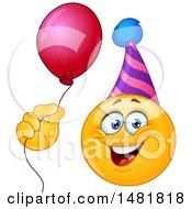Clipart Of A Yellow Emoji Smiley Face Wearing A Party Hat And Holding A Balloon Royalty Free Vector Illustration